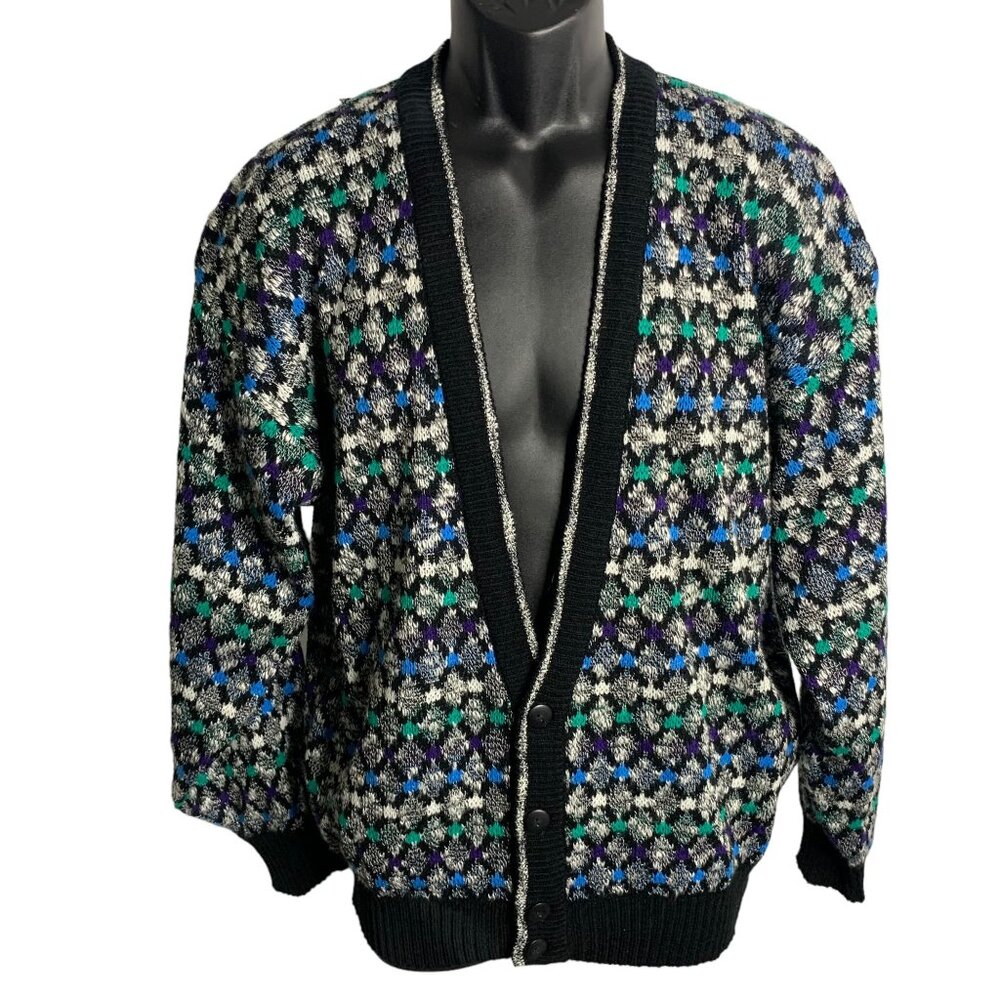 Vintage 90s Boucle Cardigan Sweater XL Black Buttons V Neck Ribbed Knit Trim